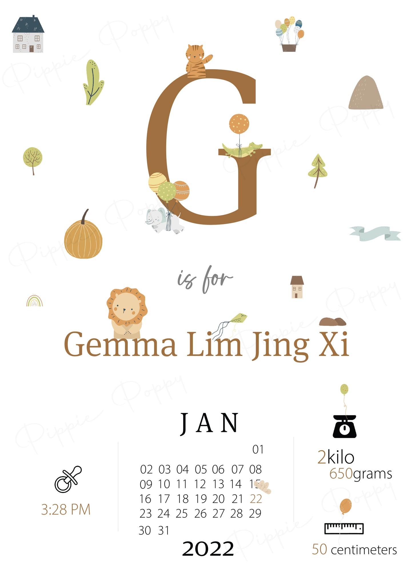 AUTUMN INITIALS BIRTH ANNOUNCEMENT POSTER