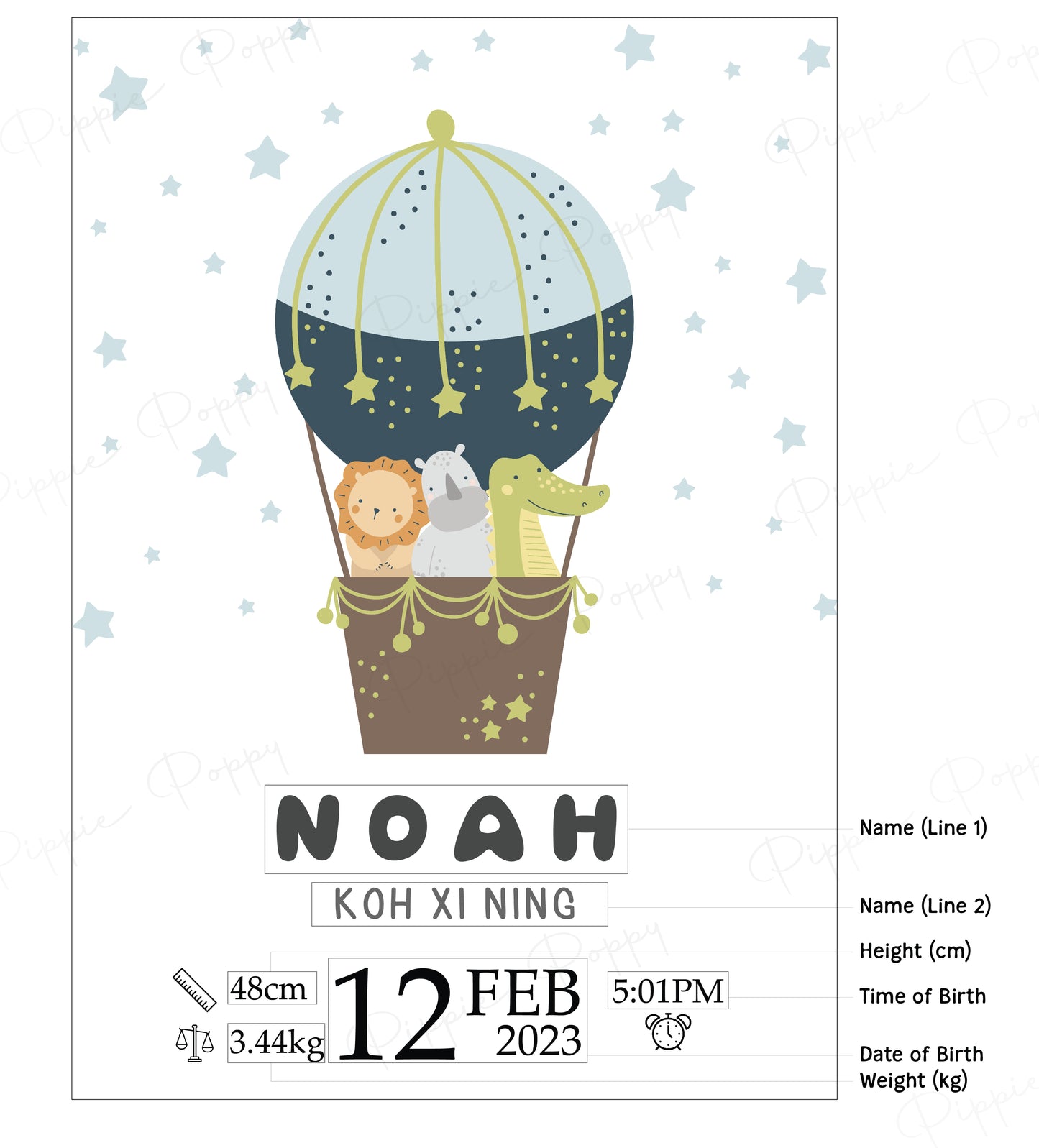 BLUE HOT AIR BALLOON BIRTH ANNOUNCEMENT POSTER