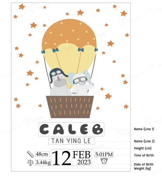 ORANGE HOT AIR BALLOON BIRTH ANNOUNCEMENT POSTER