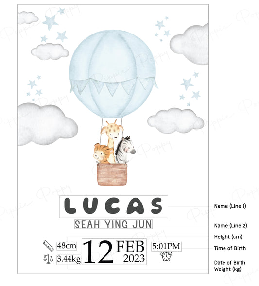 WATERCOLOUR BLUE HOT AIR BALLOON BIRTH ANNOUNCEMENT POSTER