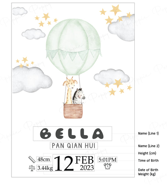 WATERCOLOUR GREEN HOT AIR BALLOON BIRTH ANNOUNCEMENT POSTER