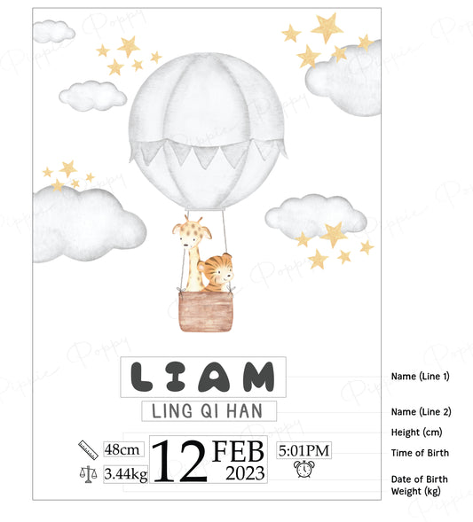 WATERCOLOUR GREY HOT AIR BALLOON BIRTH ANNOUNCEMENT POSTER