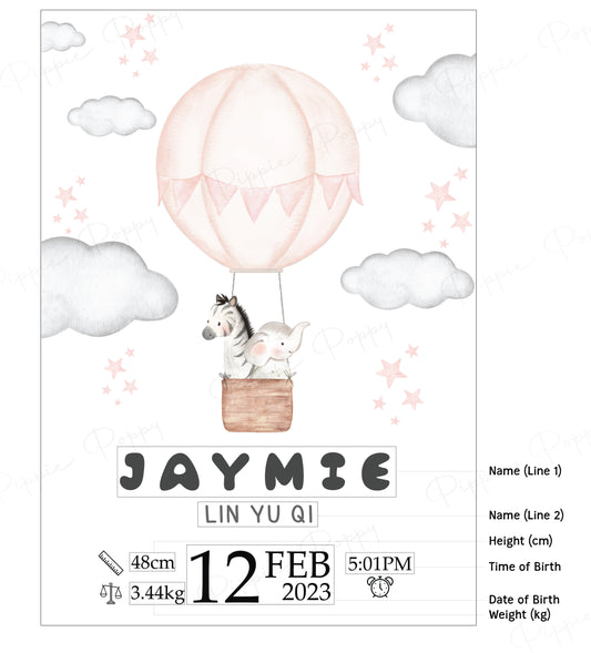 WATERCOLOUR PINK HOT AIR BALLOON BIRTH ANNOUNCEMENT POSTER