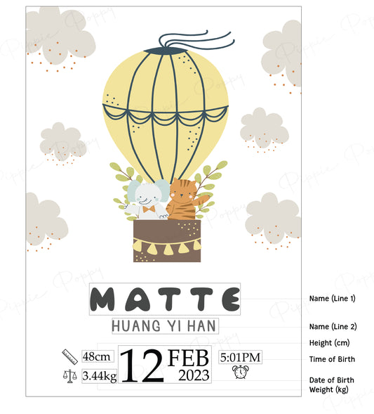 YELLOW HOT AIR BALLOON BIRTH ANNOUNCEMENT POSTER