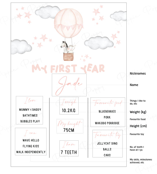 WATERCOLOUR PINK HOT AIR BALLOON MILESTONE POSTER