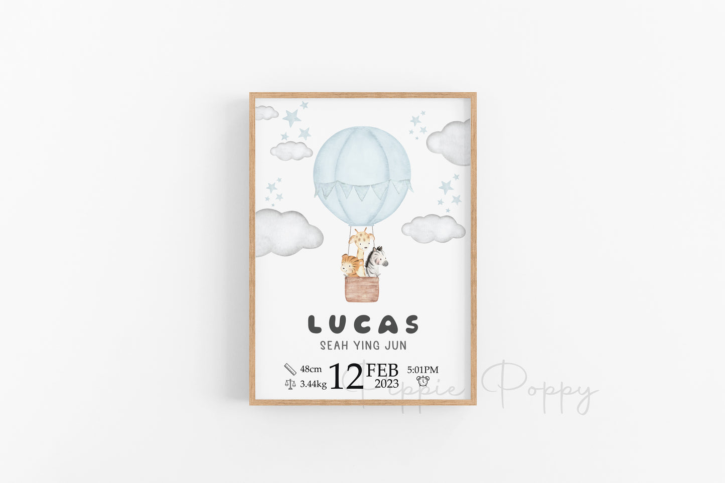 WATERCOLOUR BLUE HOT AIR BALLOON BIRTH ANNOUNCEMENT POSTER