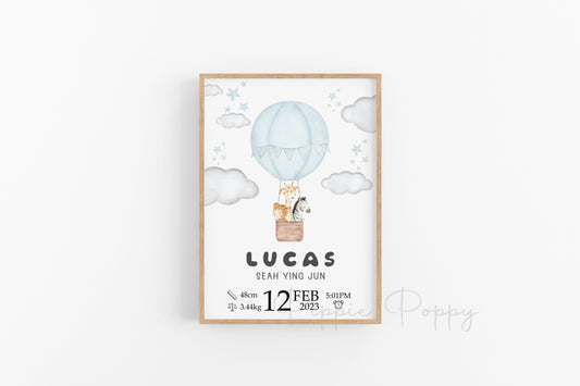 WATERCOLOUR BLUE HOT AIR BALLOON BIRTH ANNOUNCEMENT POSTER