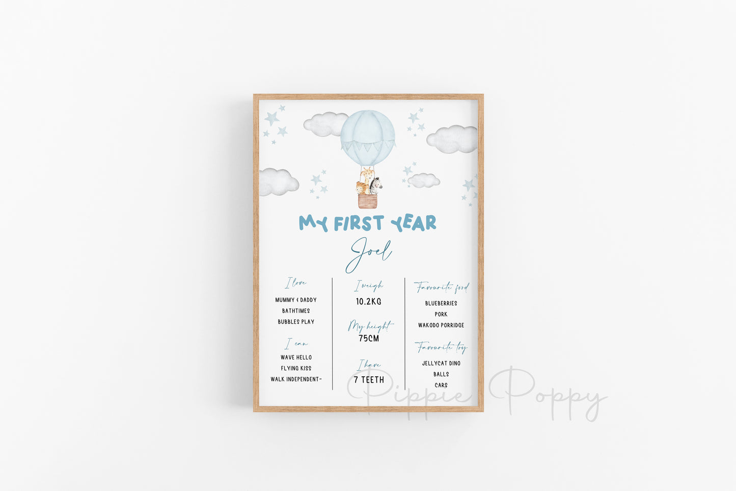 WATERCOLOUR BLUE HOT AIR BALLOON MILESTONE POSTER