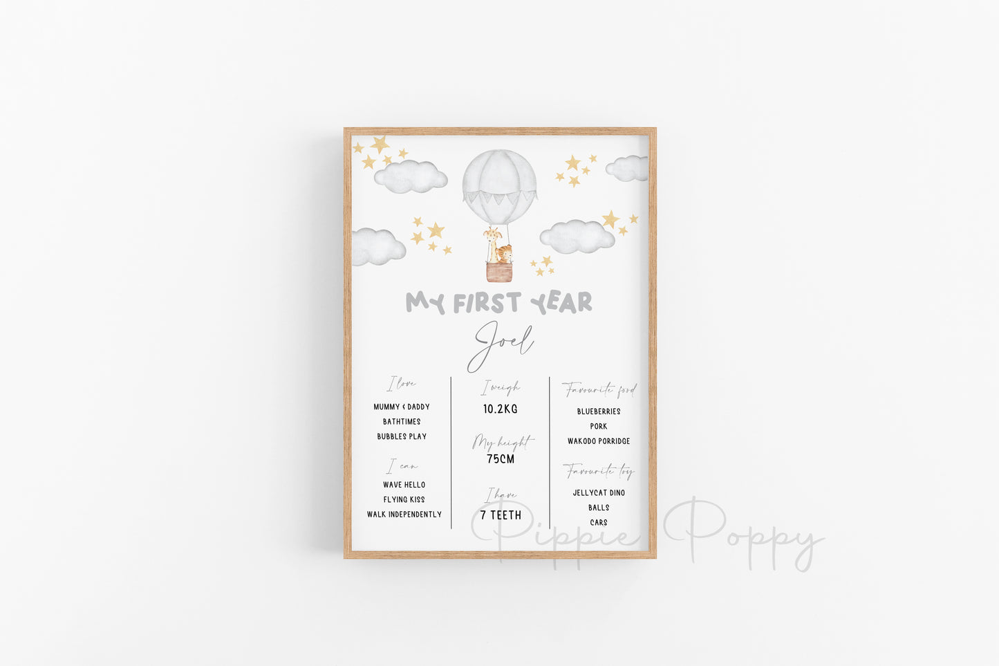 WATERCOLOUR GREY HOT AIR BALLOON MILESTONE POSTER