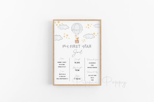 WATERCOLOUR GREY HOT AIR BALLOON MILESTONE POSTER