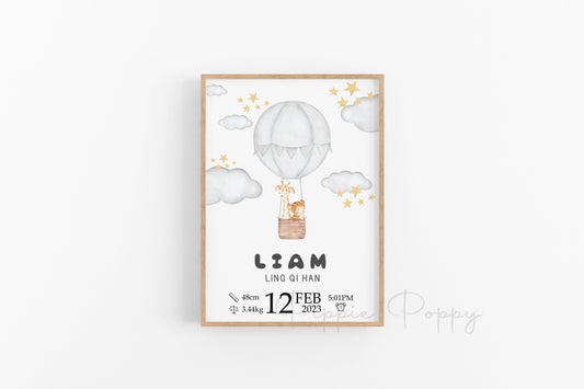 WATERCOLOUR GREY HOT AIR BALLOON BIRTH ANNOUNCEMENT POSTER