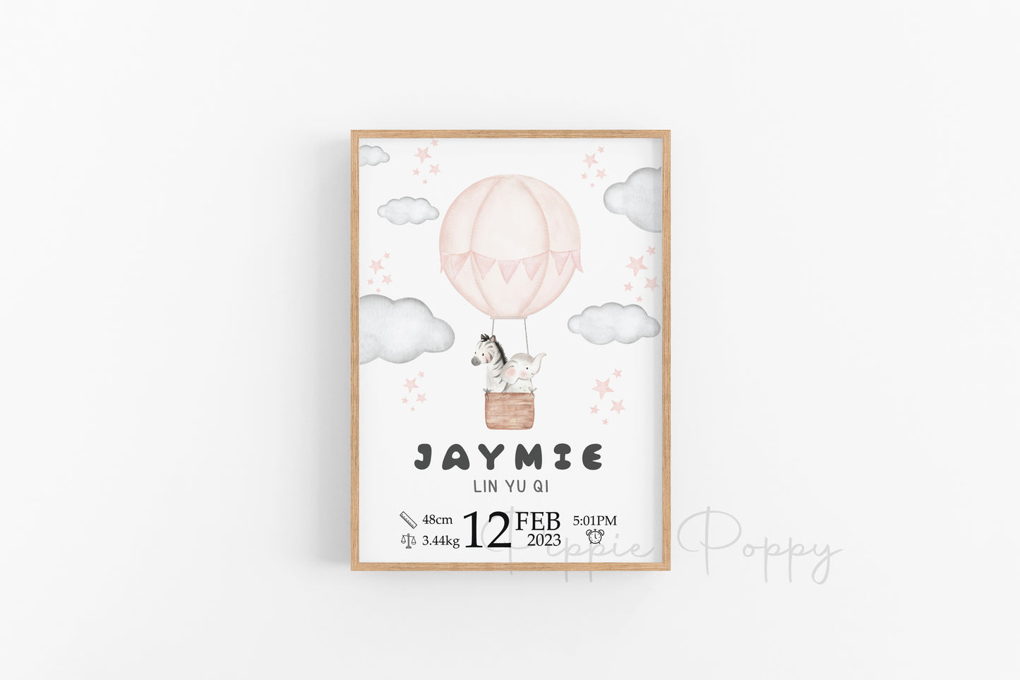 WATERCOLOUR PINK HOT AIR BALLOON BIRTH ANNOUNCEMENT POSTER