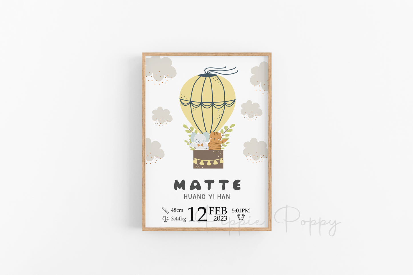 YELLOW HOT AIR BALLOON BIRTH ANNOUNCEMENT POSTER