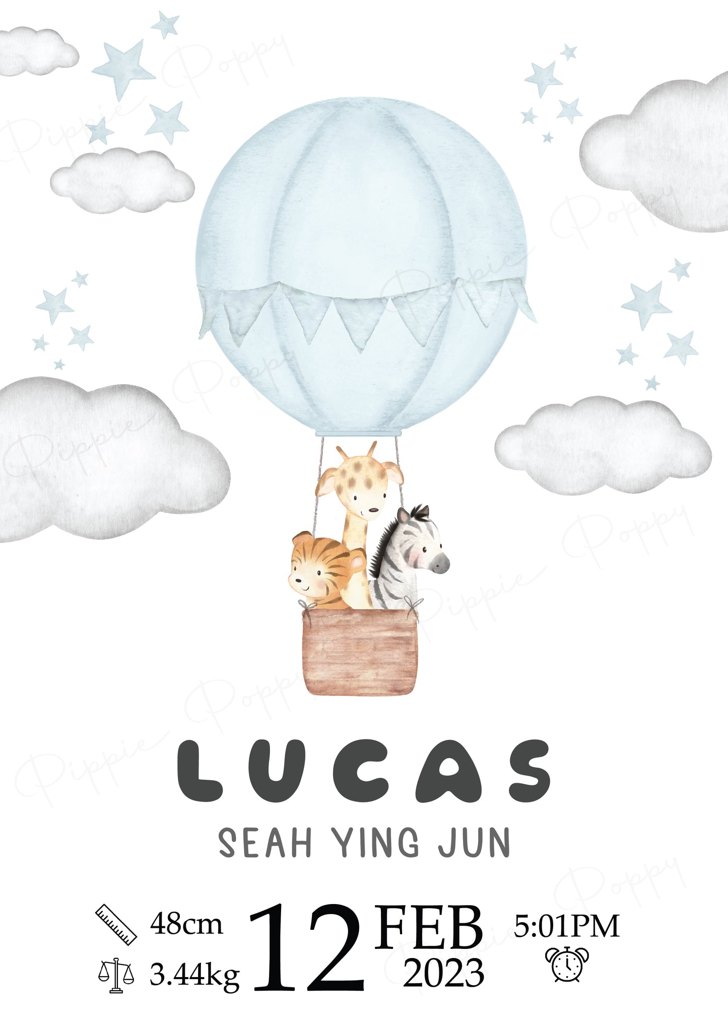 WATERCOLOUR BLUE HOT AIR BALLOON BIRTH ANNOUNCEMENT POSTER