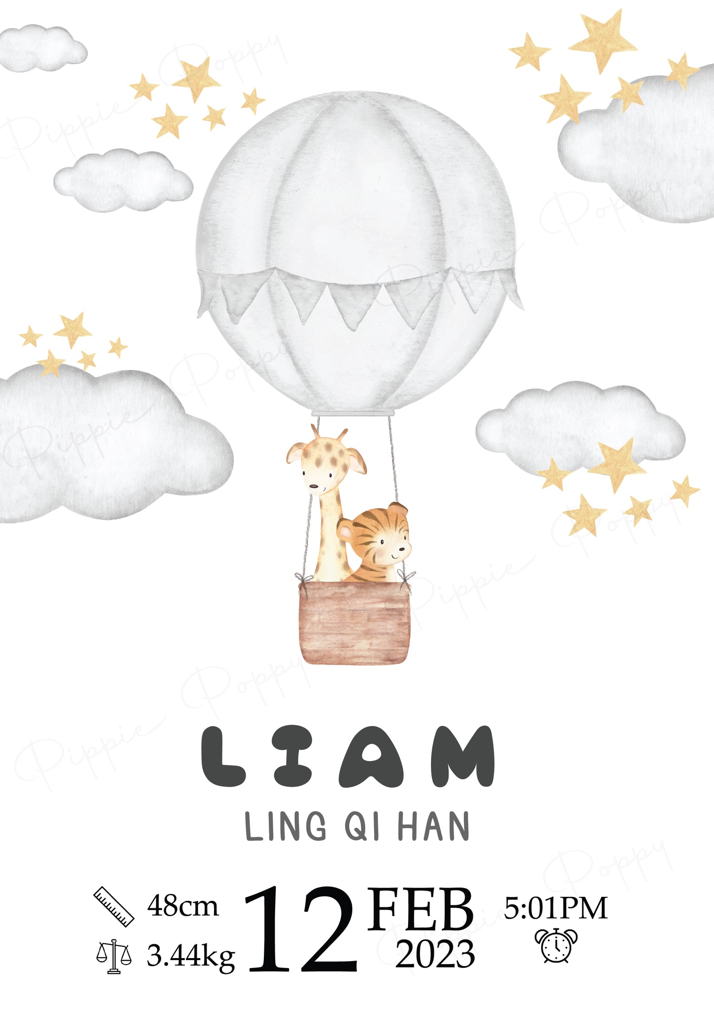 WATERCOLOUR GREY HOT AIR BALLOON BIRTH ANNOUNCEMENT POSTER