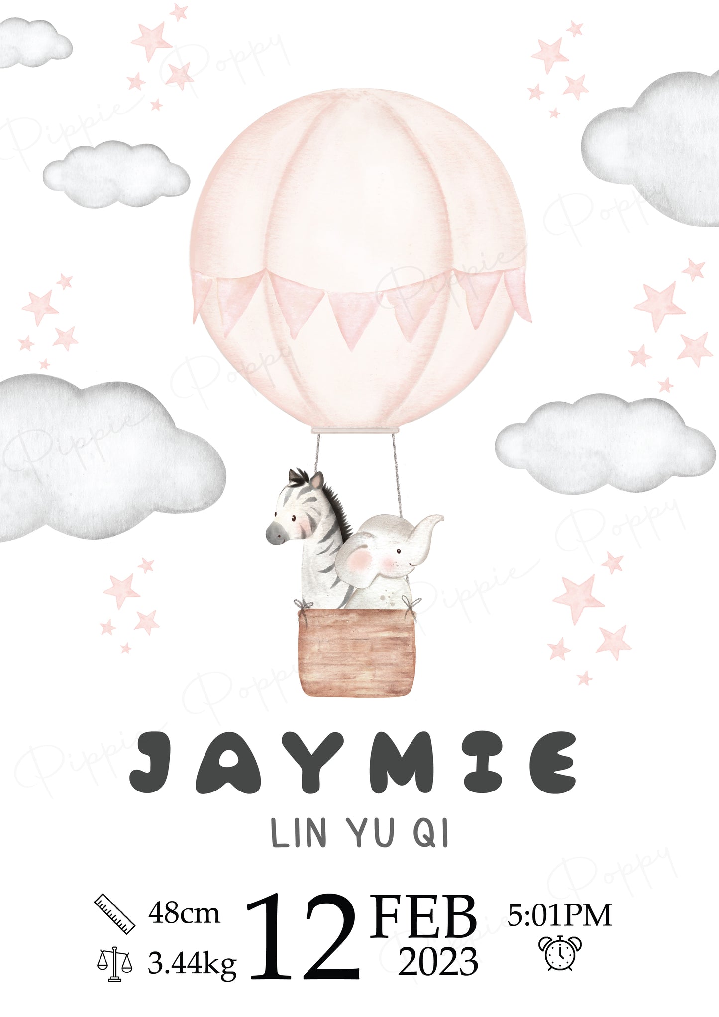 WATERCOLOUR PINK HOT AIR BALLOON BIRTH ANNOUNCEMENT POSTER